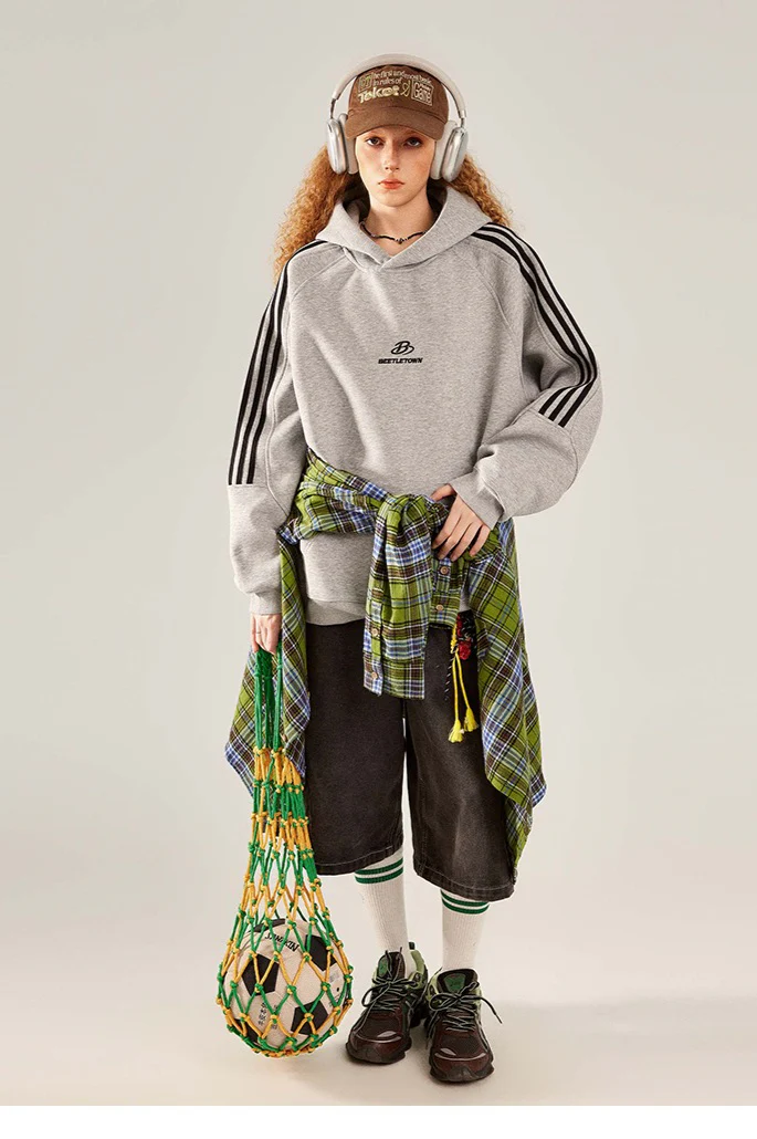 Striped Gray Raglan Sleeve Hoodie - Image 10