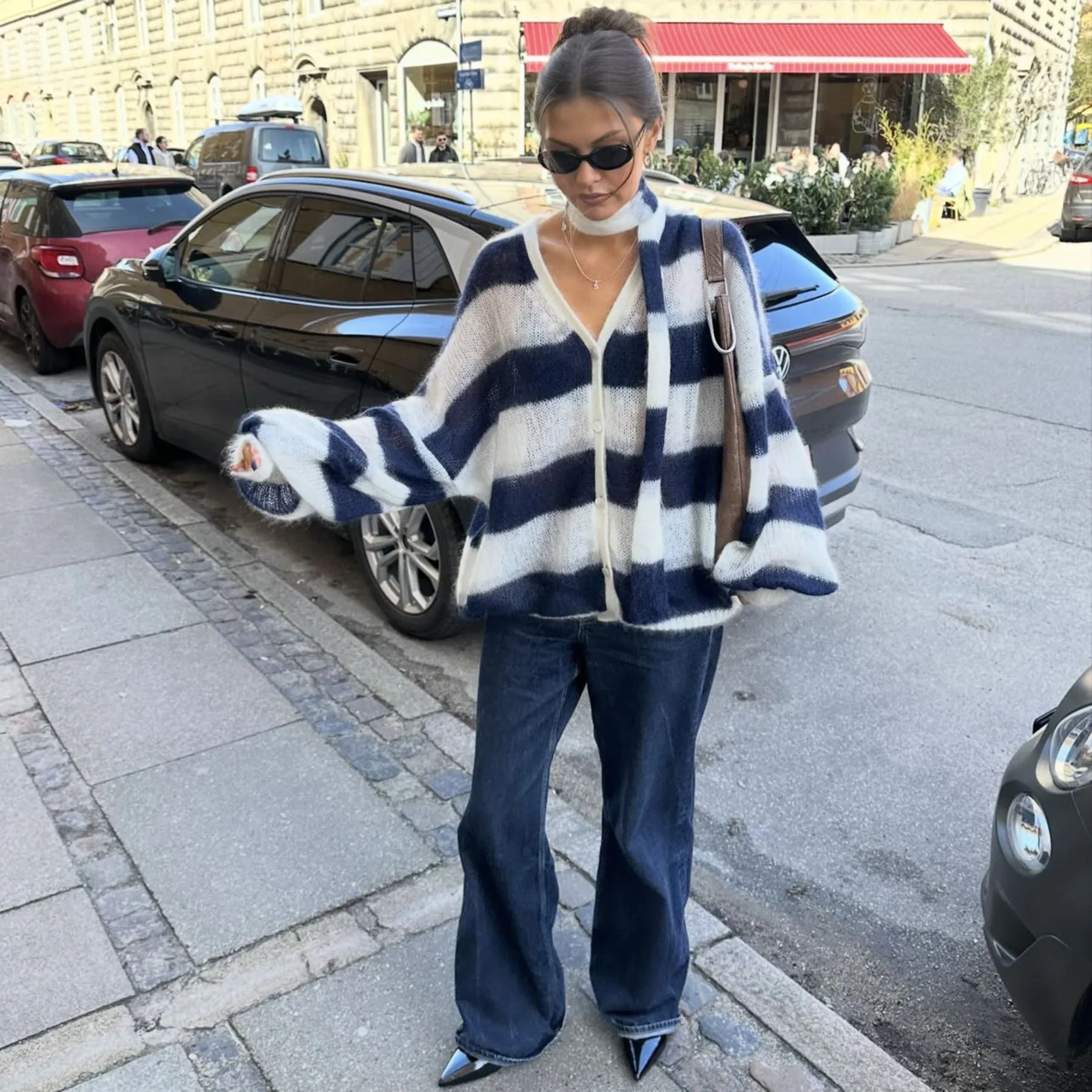 Striped Lantern Sleeve Button Knit Cardigan - Image 2