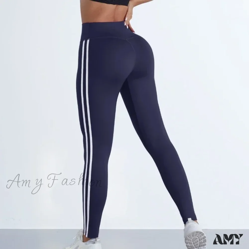 Striped Slim Sports Pants High Waist Hip Lifting Casual Tights Workout Running Stretchy Leggings - Image 4