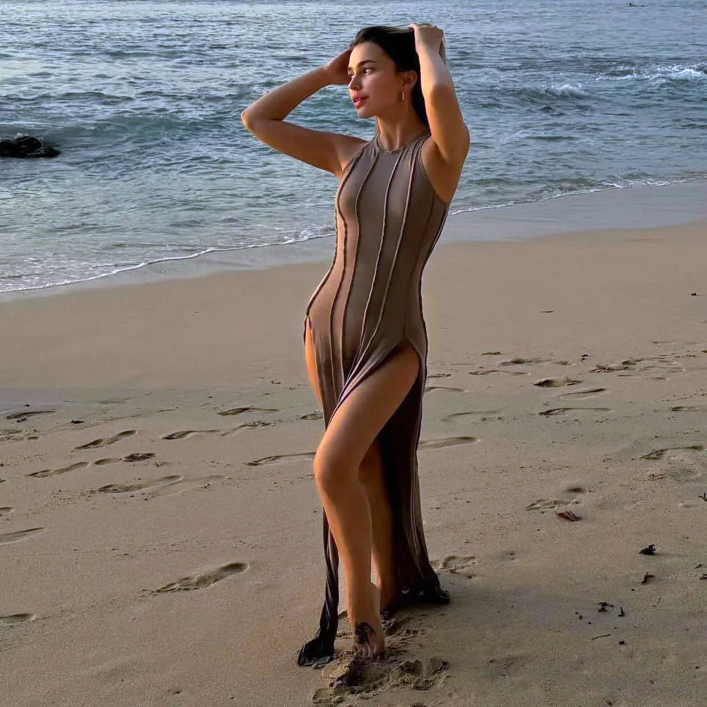 Striped Turtleneck Split Midi Dress - Image 2