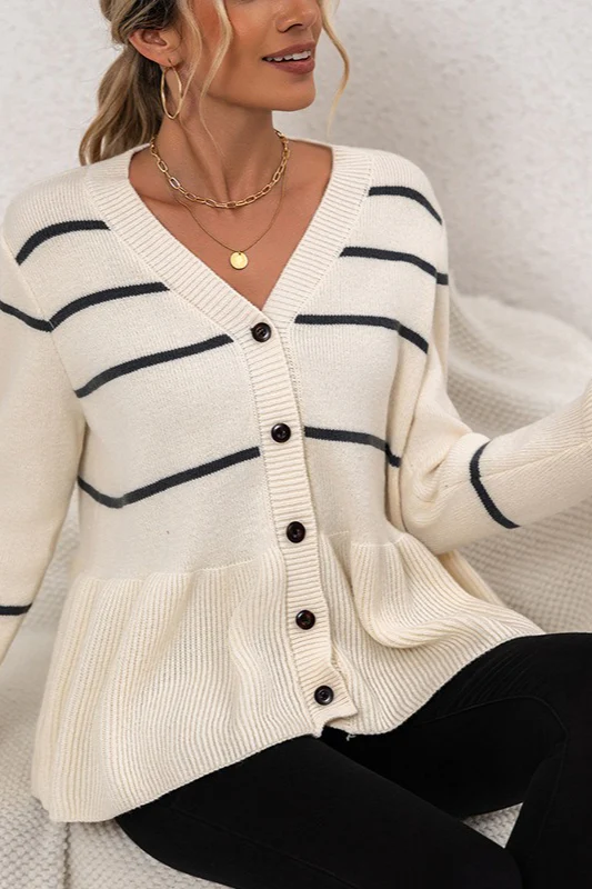 Striped V Neck Slouchy Loose Long Sleeve Knit Cardigan - Image 2
