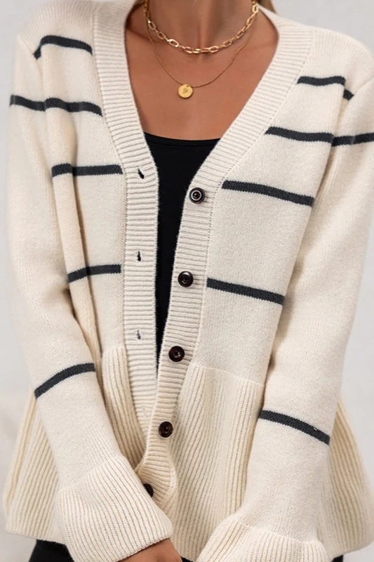 Striped V Neck Slouchy Loose Long Sleeve Knit Cardigan - Image 3