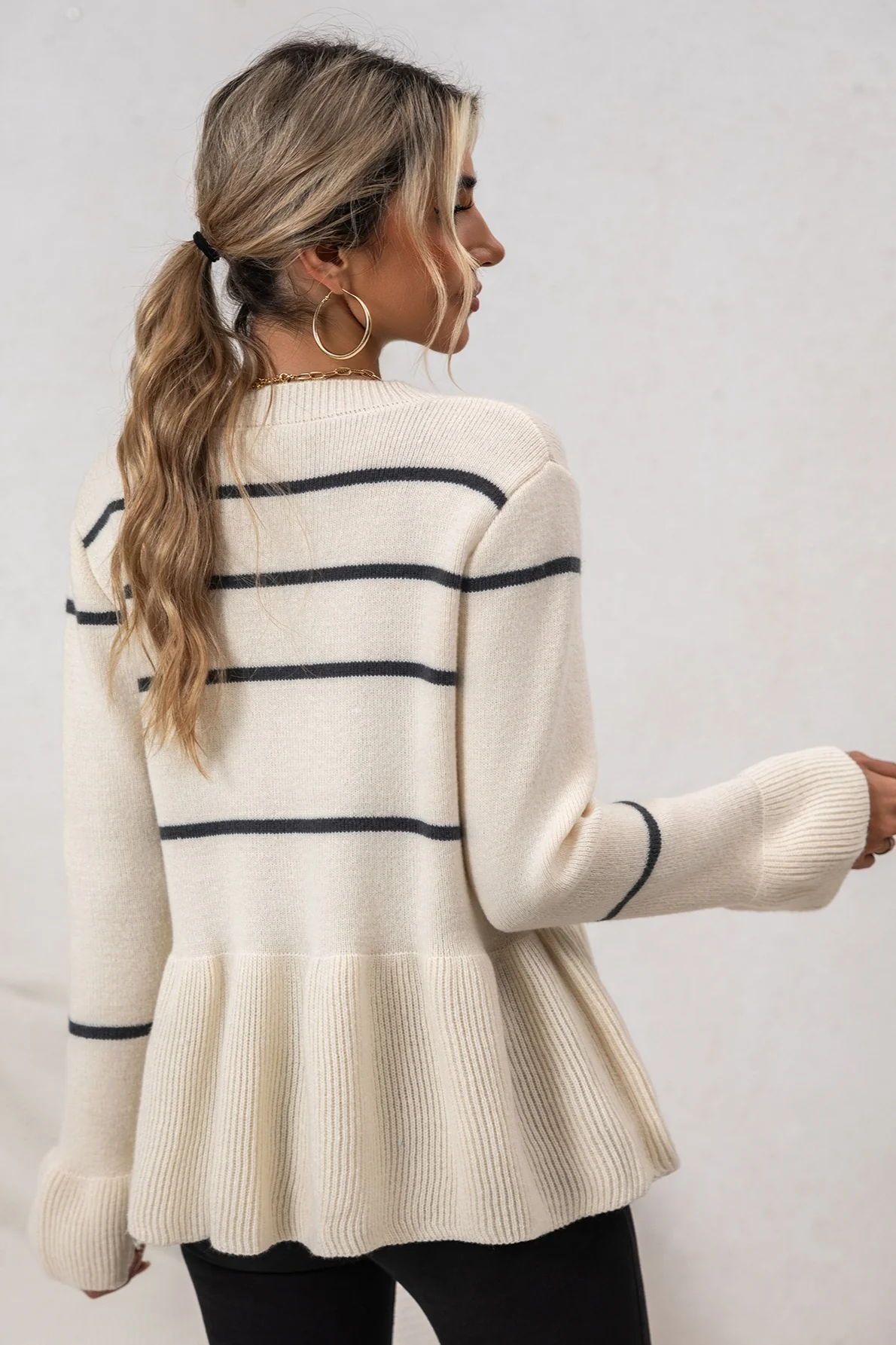 Striped V Neck Slouchy Loose Long Sleeve Knit Cardigan - Image 4
