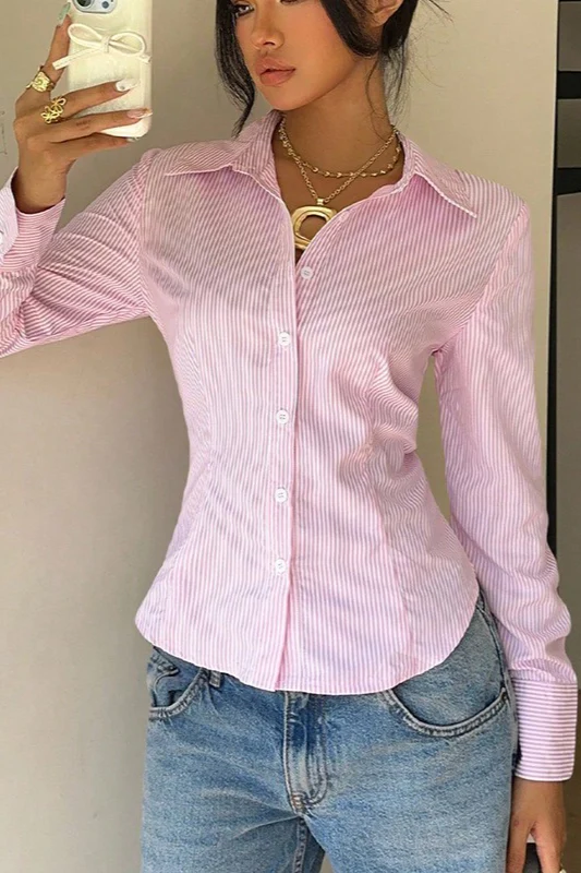 Striped Waist-Tie Long-Sleeve Slim Blouse - Image 5