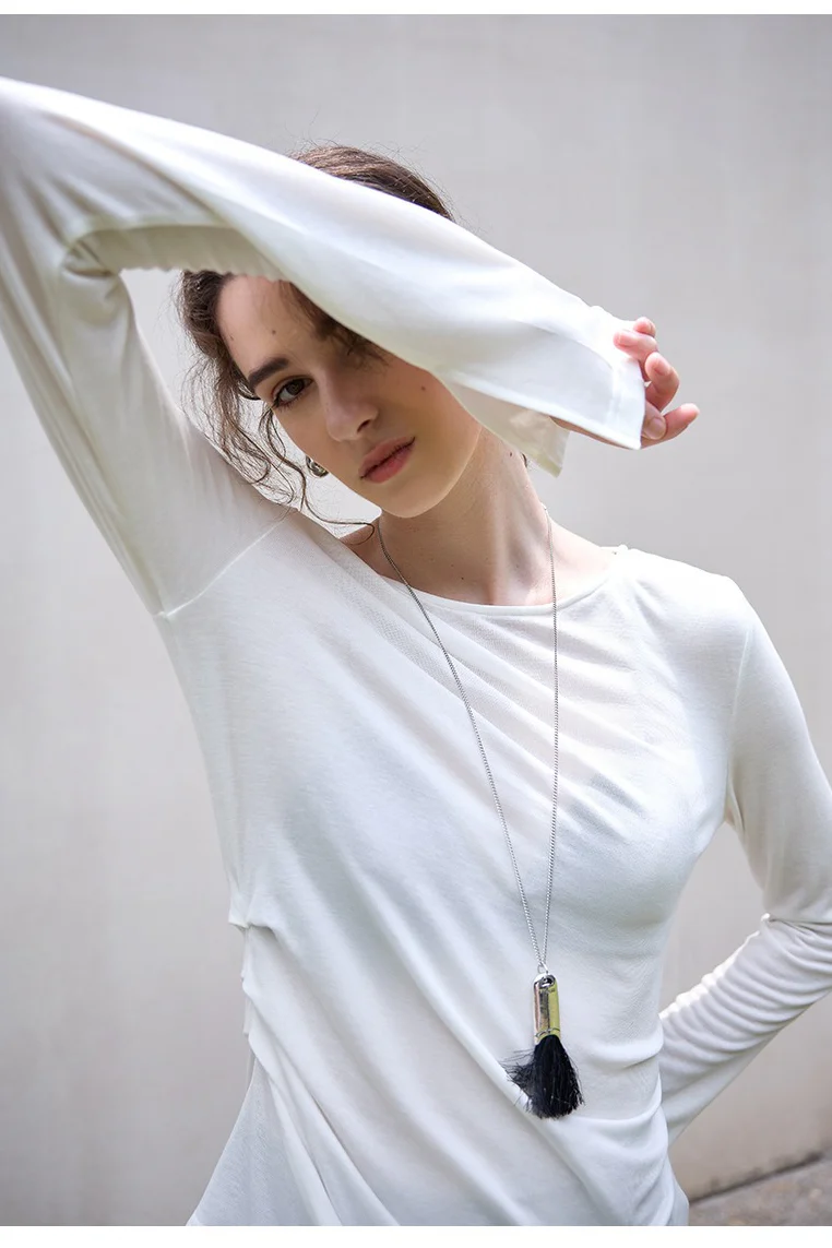 Stylish Wool Tencel Asymmetrical Hem Fitted Base Layer - Image 2