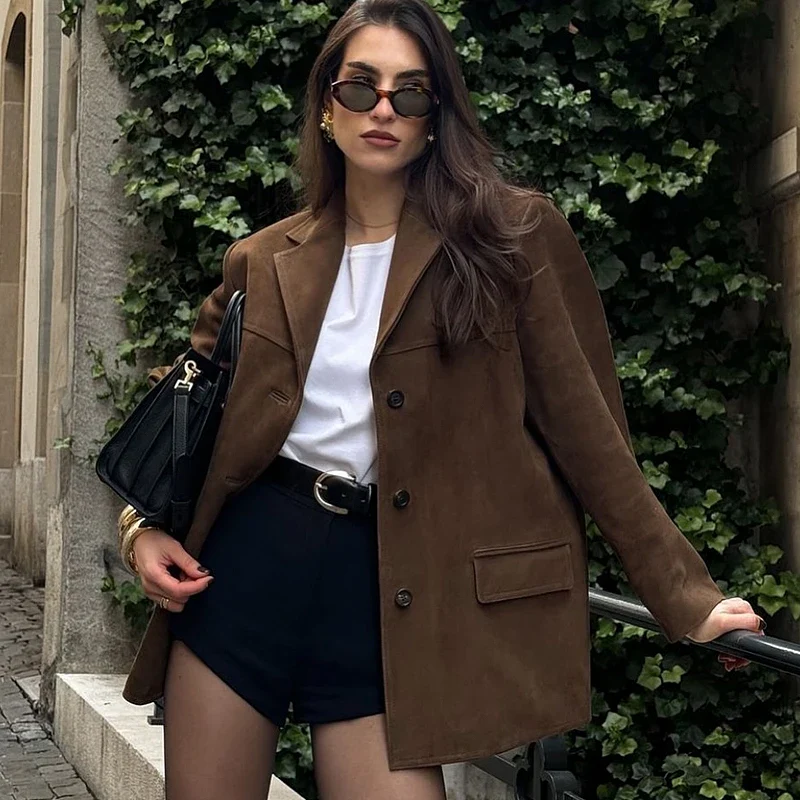 Suede Vintage Brown Leather Coat - Image 2