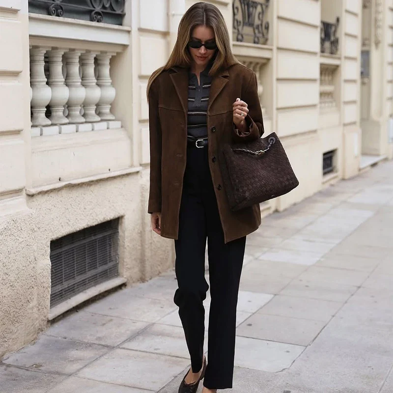 Suede Vintage Brown Leather Coat - Image 3