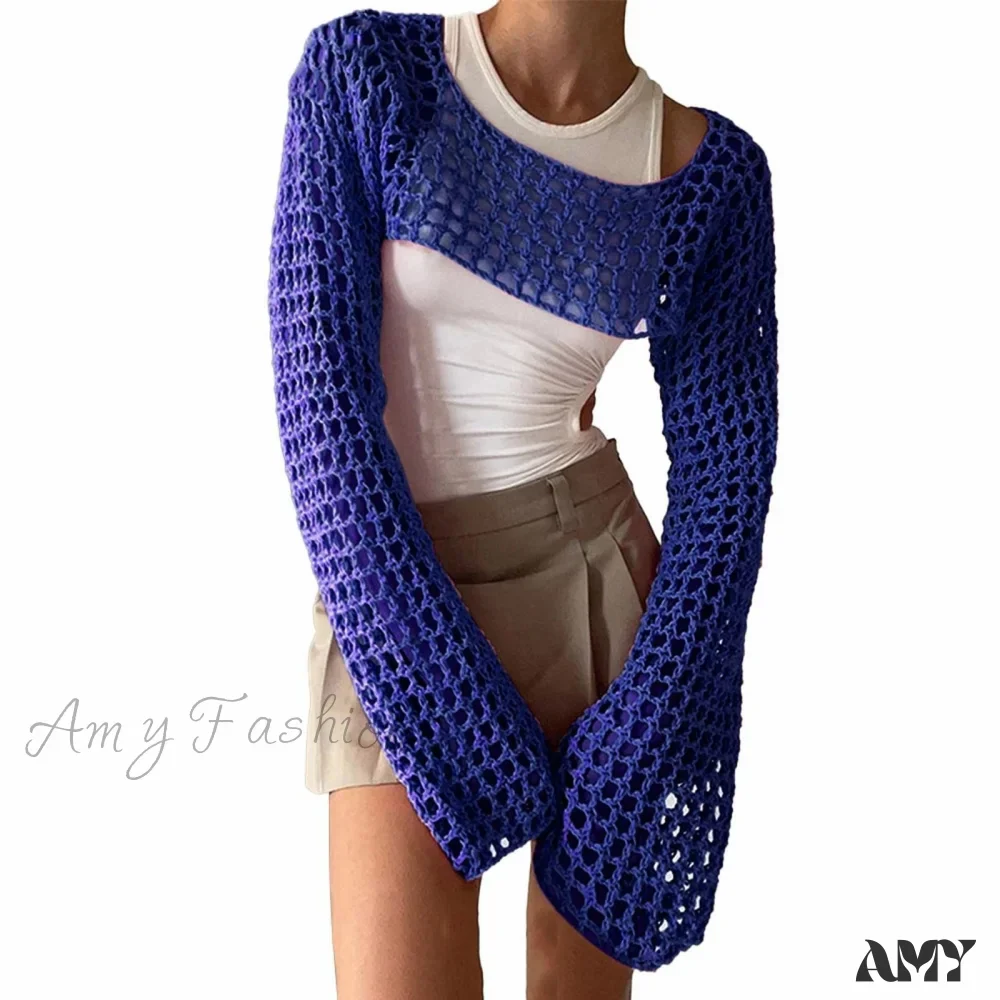 Amy Fashion - Summer Sexy Long Sleeve Smock Knitted Crop Top - Image 11