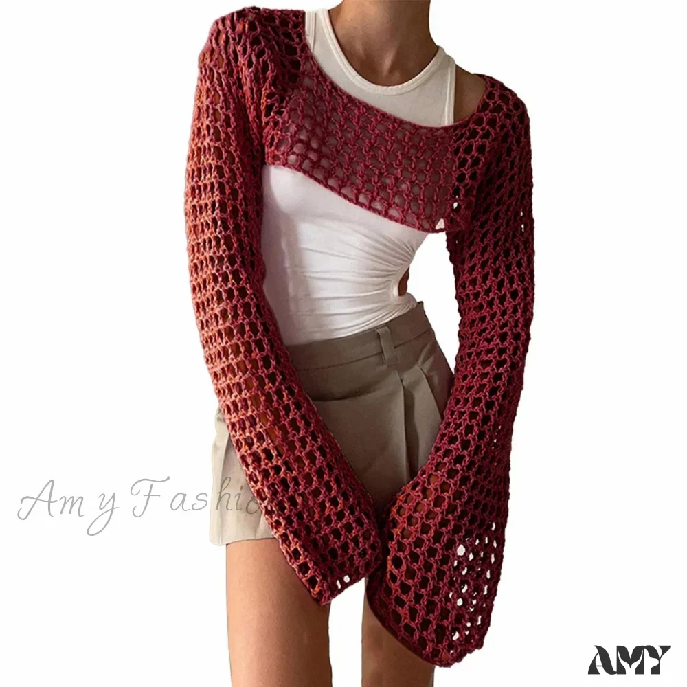 Amy Fashion - Summer Sexy Long Sleeve Smock Knitted Crop Top - Image 12