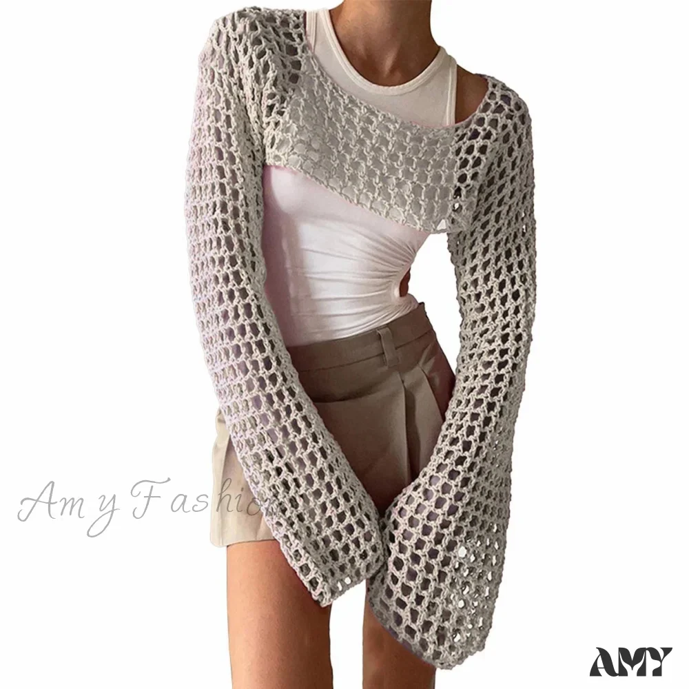 Amy Fashion - Summer Sexy Long Sleeve Smock Knitted Crop Top - Image 13