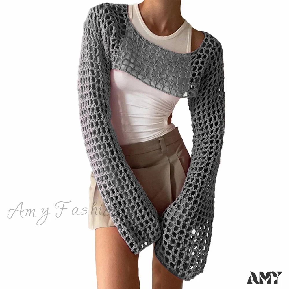 Amy Fashion - Summer Sexy Long Sleeve Smock Knitted Crop Top - Image 17