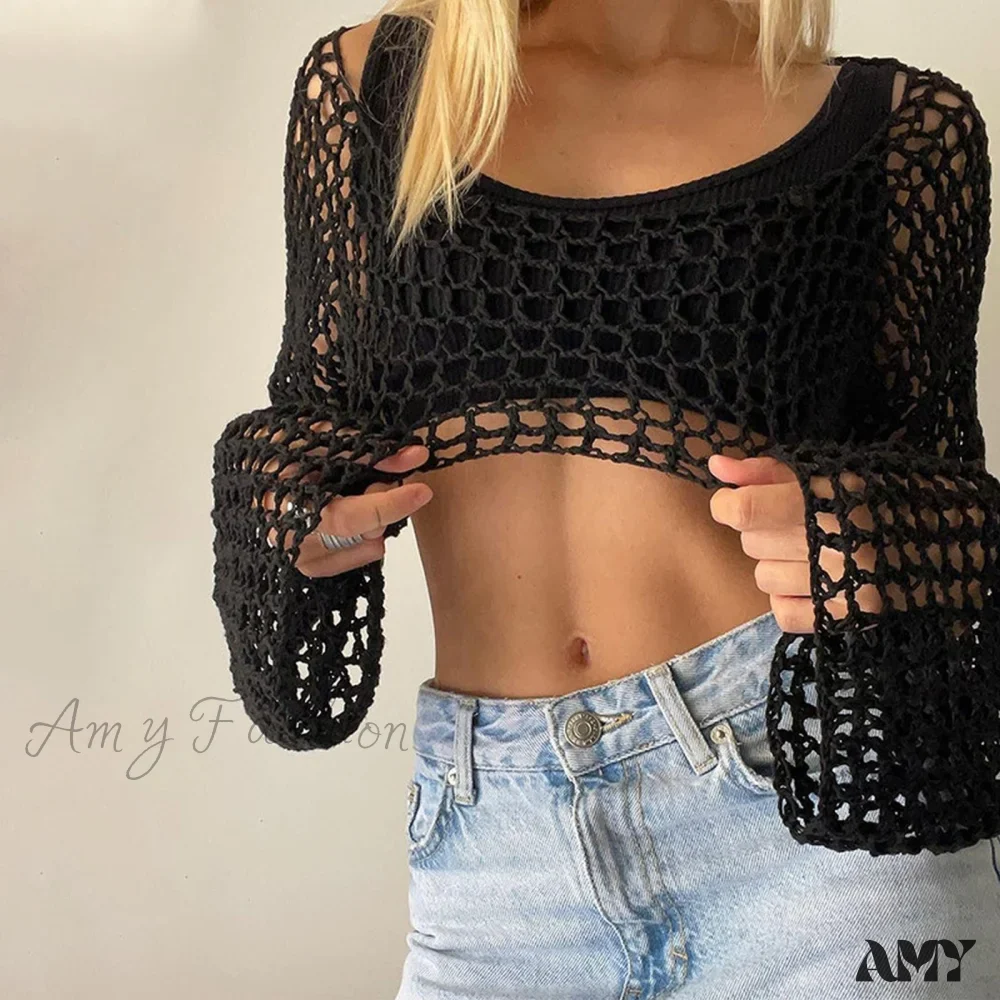 Amy Fashion - Summer Sexy Long Sleeve Smock Knitted Crop Top - Image 3