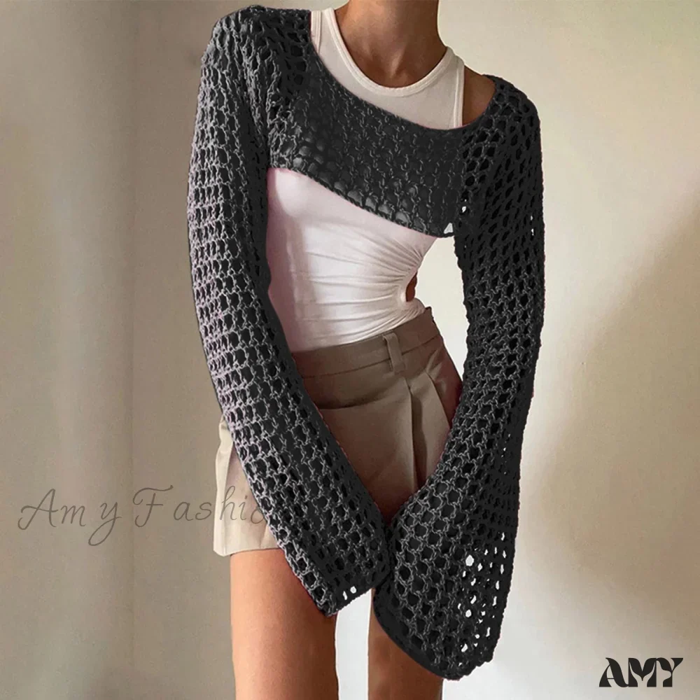 Amy Fashion - Summer Sexy Long Sleeve Smock Knitted Crop Top - Image 4