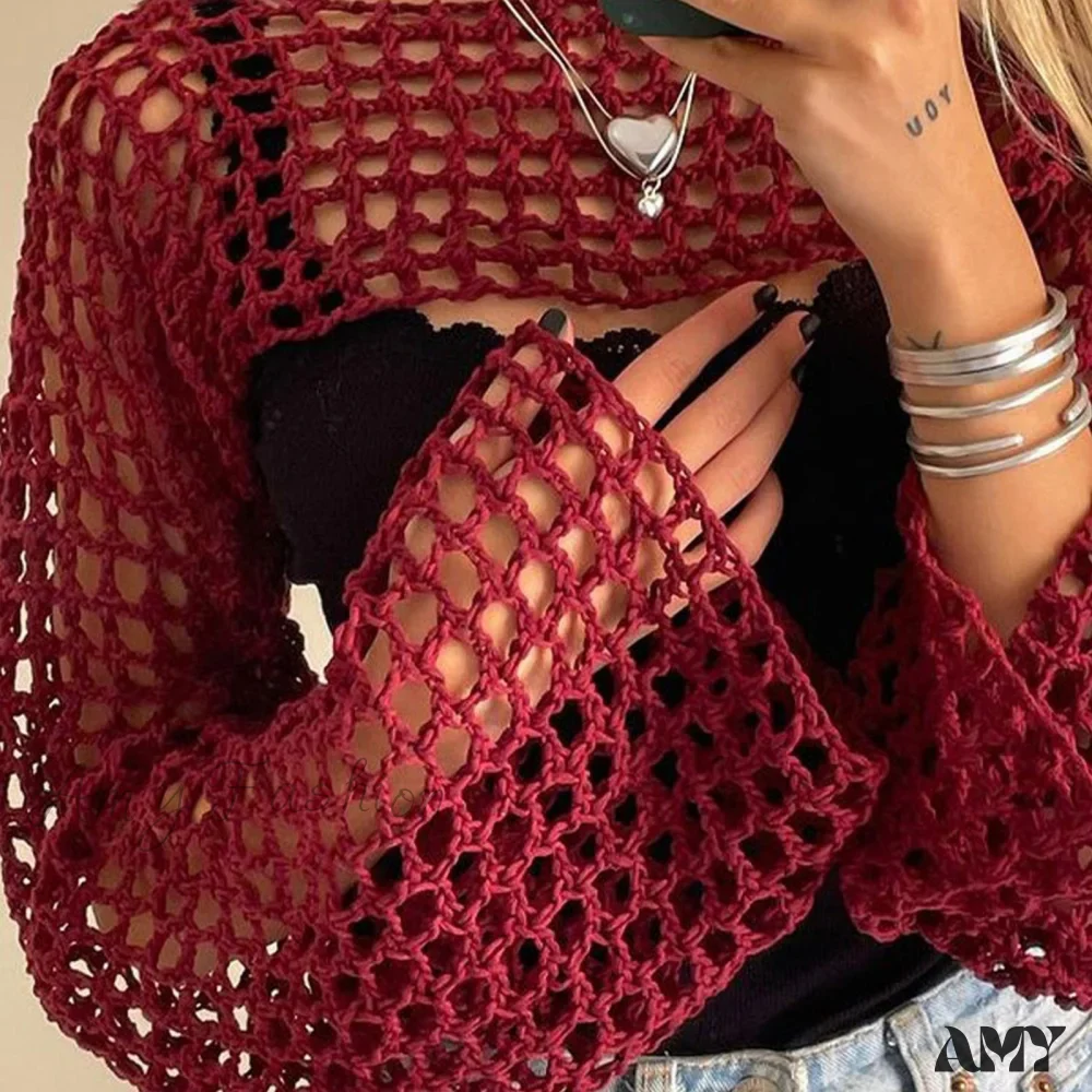 Amy Fashion - Summer Sexy Long Sleeve Smock Knitted Crop Top - Image 5