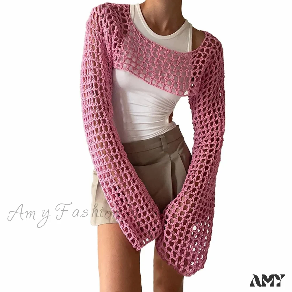 Amy Fashion - Summer Sexy Long Sleeve Smock Knitted Crop Top - Image 7
