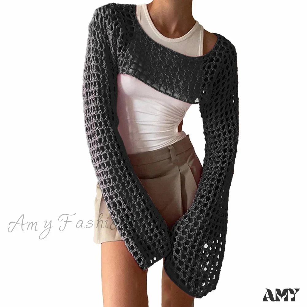 Amy Fashion - Summer Sexy Long Sleeve Smock Knitted Crop Top - Image 8