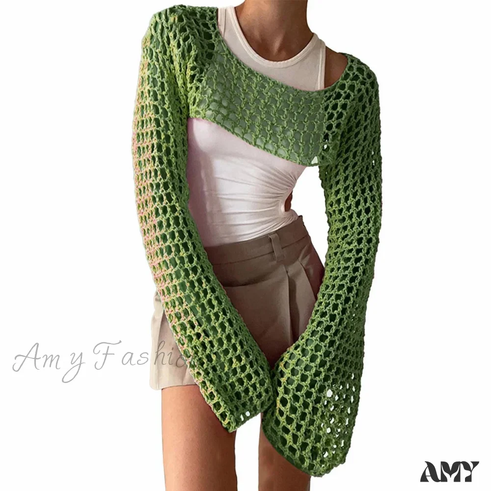 Amy Fashion - Summer Sexy Long Sleeve Smock Knitted Crop Top - Image 9