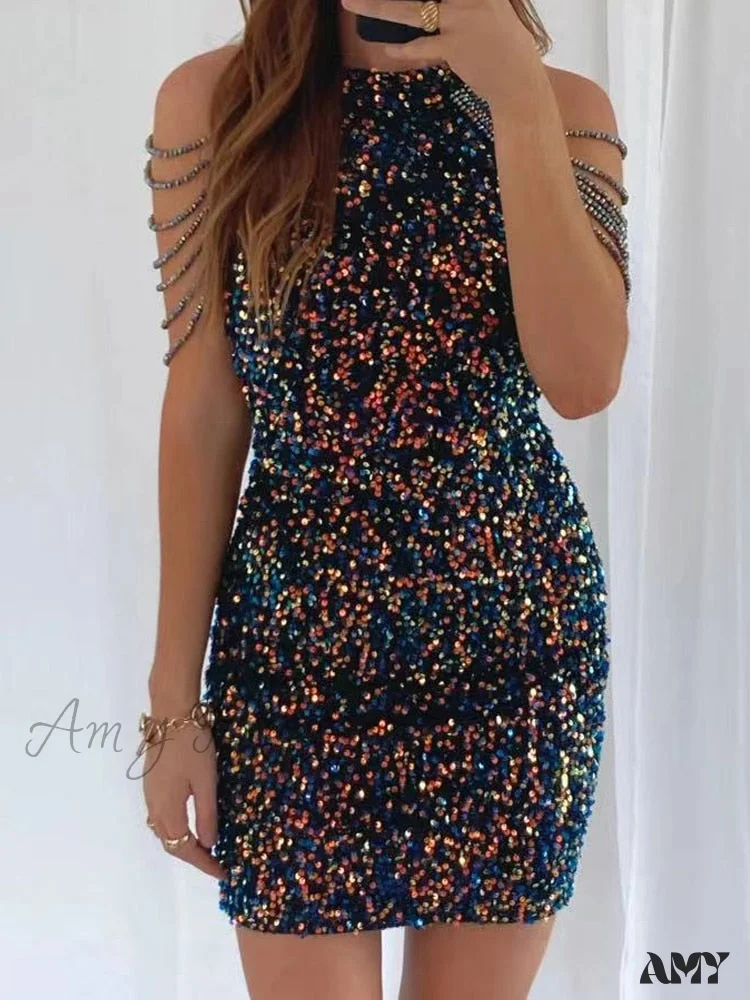 Amy Fashion - Crystal Tassel Bag Hip Dress Sexy Glitter Sequins Hanging Neck Mini Dress - Image 7