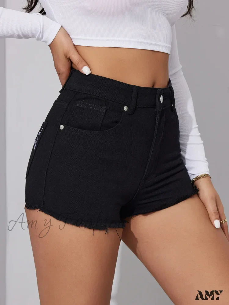 Summer New Black Mid-Waist Embroidered Fashion Sexy Skinny Short - Image 3