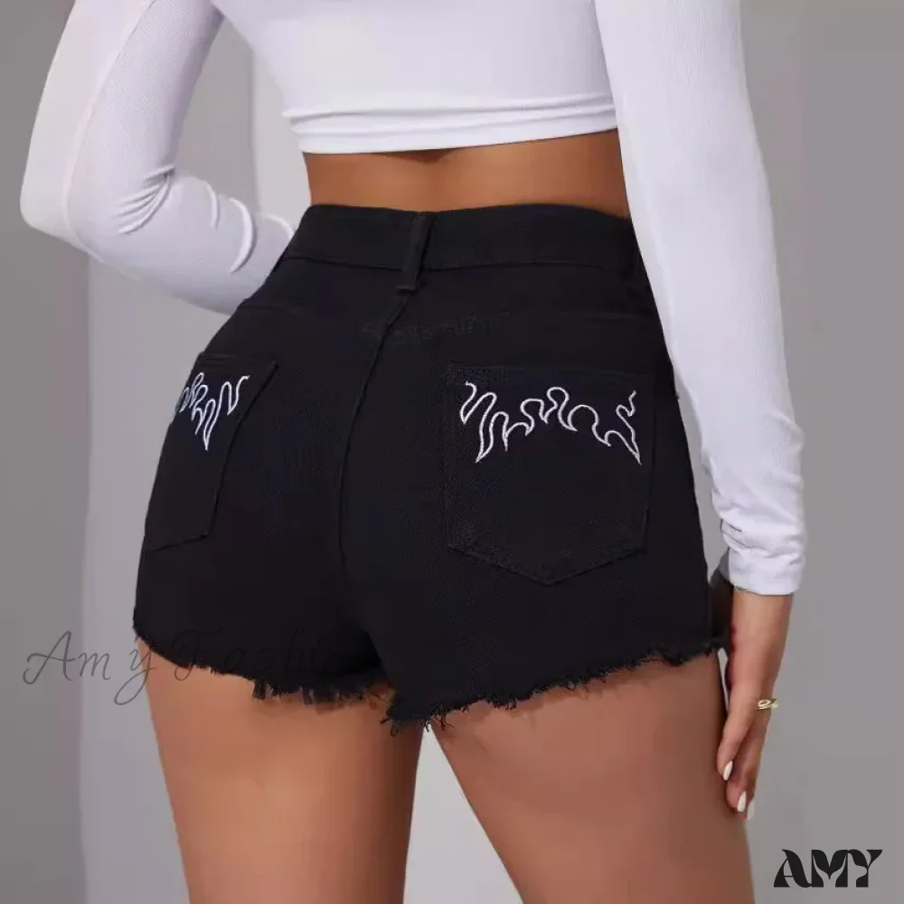 Summer New Black Mid-Waist Embroidered Fashion Sexy Skinny Short - Image 6