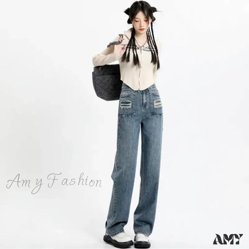Amy Fashion - Summer New Design Sense High Waist Loose Fitting Slim Straight Pants Narrow Edition Wide Leg Jean - Image 4
