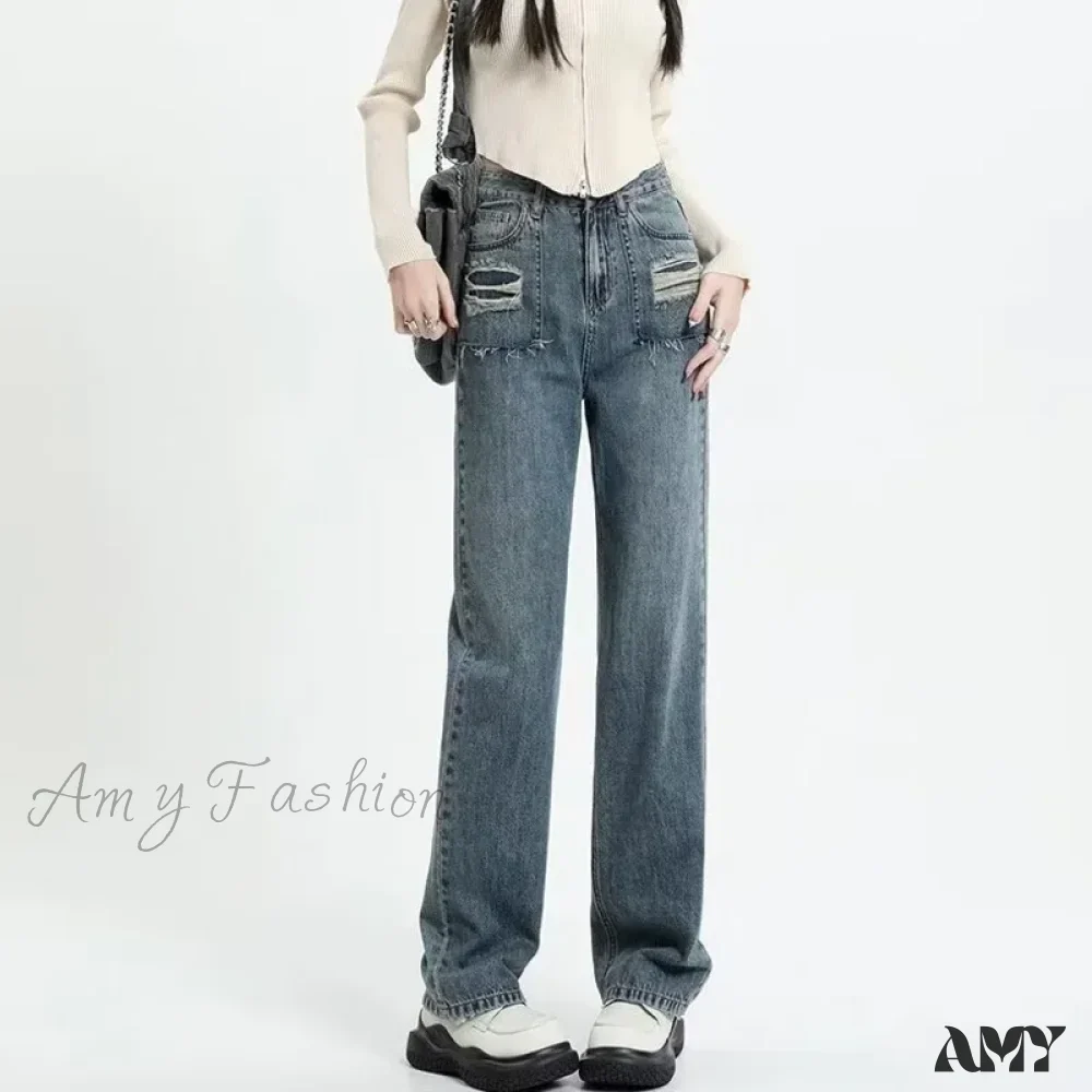 Amy Fashion - Summer New Design Sense High Waist Loose Fitting Slim Straight Pants Narrow Edition Wide Leg Jean - Image 5