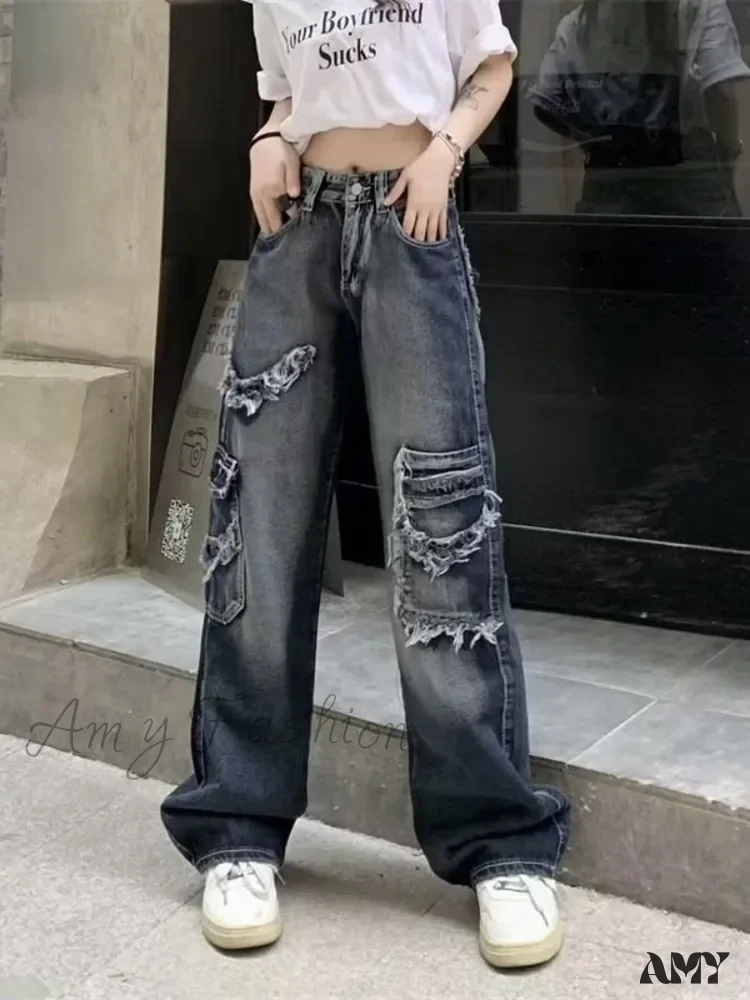 Amy Fashion - Summer Vintage Washed and Worn Out Versatile Straight Drop High Waist Wide Leg Women's Jean