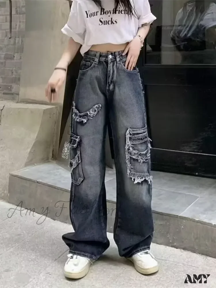 Amy Fashion - Summer Vintage Washed and Worn Out Versatile Straight Drop High Waist Wide Leg Women's Jean - Image 2