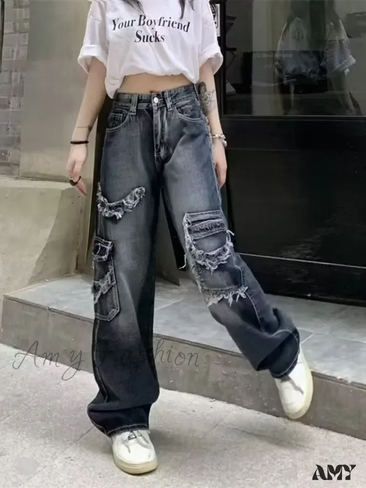 Amy Fashion - Summer Vintage Washed and Worn Out Versatile Straight Drop High Waist Wide Leg Women's Jean - Image 3