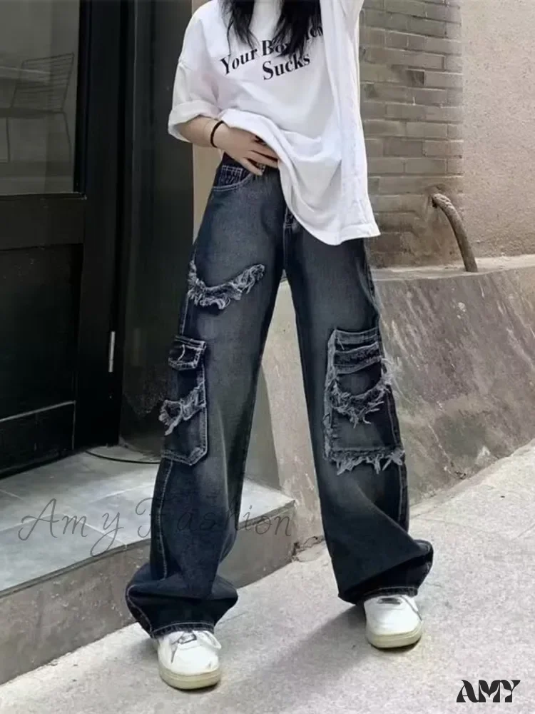 Amy Fashion - Summer Vintage Washed and Worn Out Versatile Straight Drop High Waist Wide Leg Women's Jean - Image 4