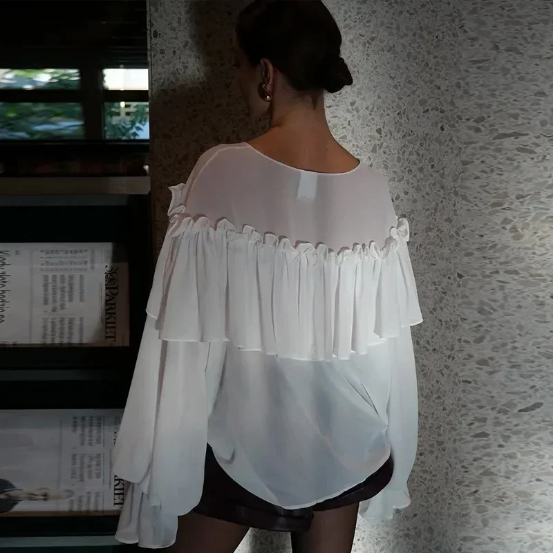 Summer White Chiffon Ruffles V Neck Blouse - Image 3