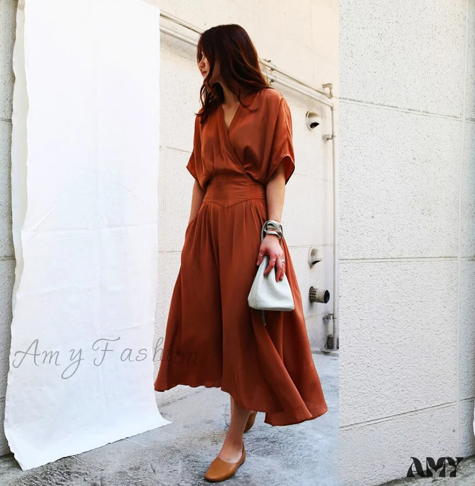 Amy Fashion - Waist Hugging V-neck Fashion Sexy Maxi Dress - Image 3