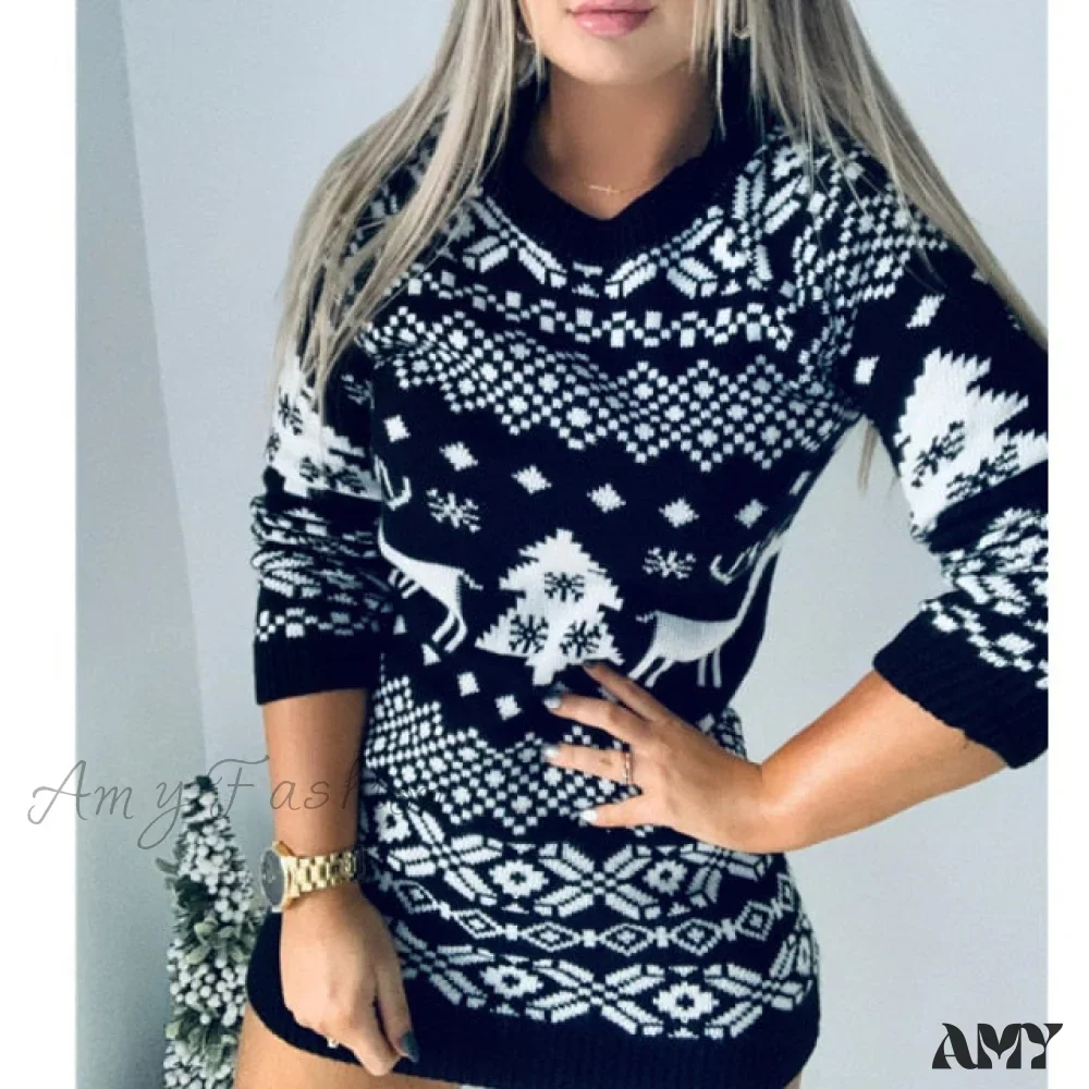 Amy Fashion - Christmas Deer Knitted Long Sleeve Sweater Dress - Image 2