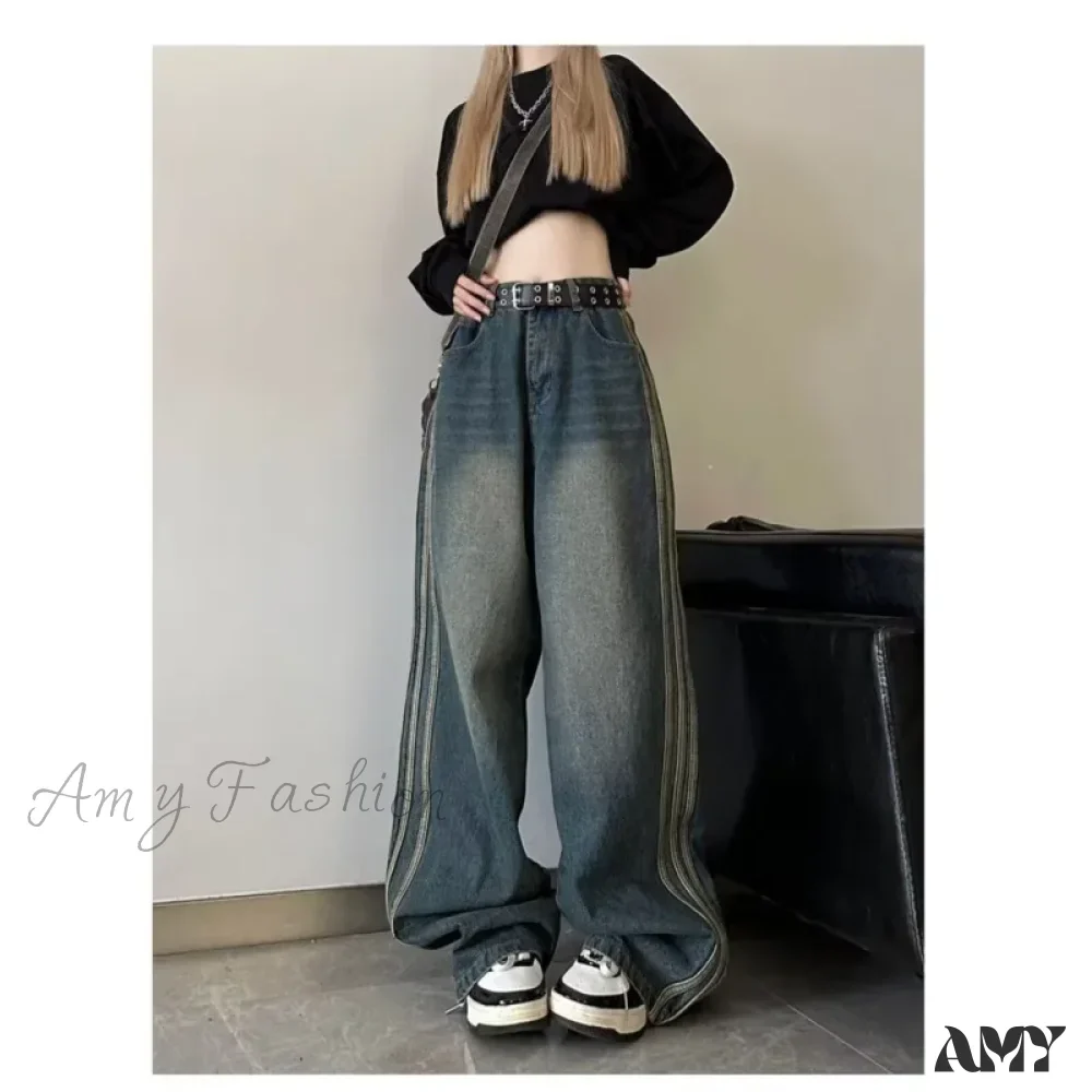 Amy Fashion - Sweeping Floor Spicy Girl Small Loose High Waisted Straight Leg Wide-Leg Jean - Image 3
