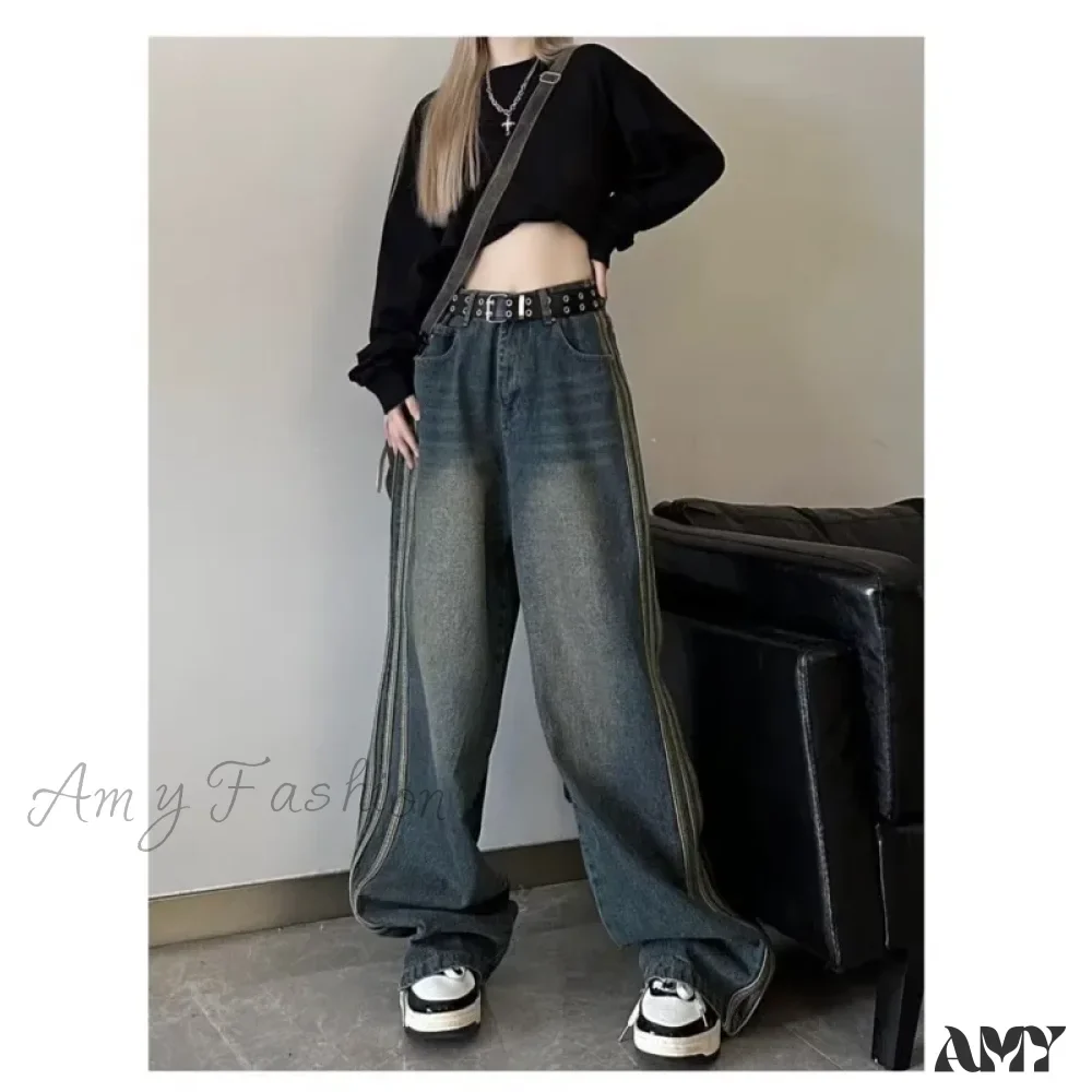 Amy Fashion - Sweeping Floor Spicy Girl Small Loose High Waisted Straight Leg Wide-Leg Jean - Image 4