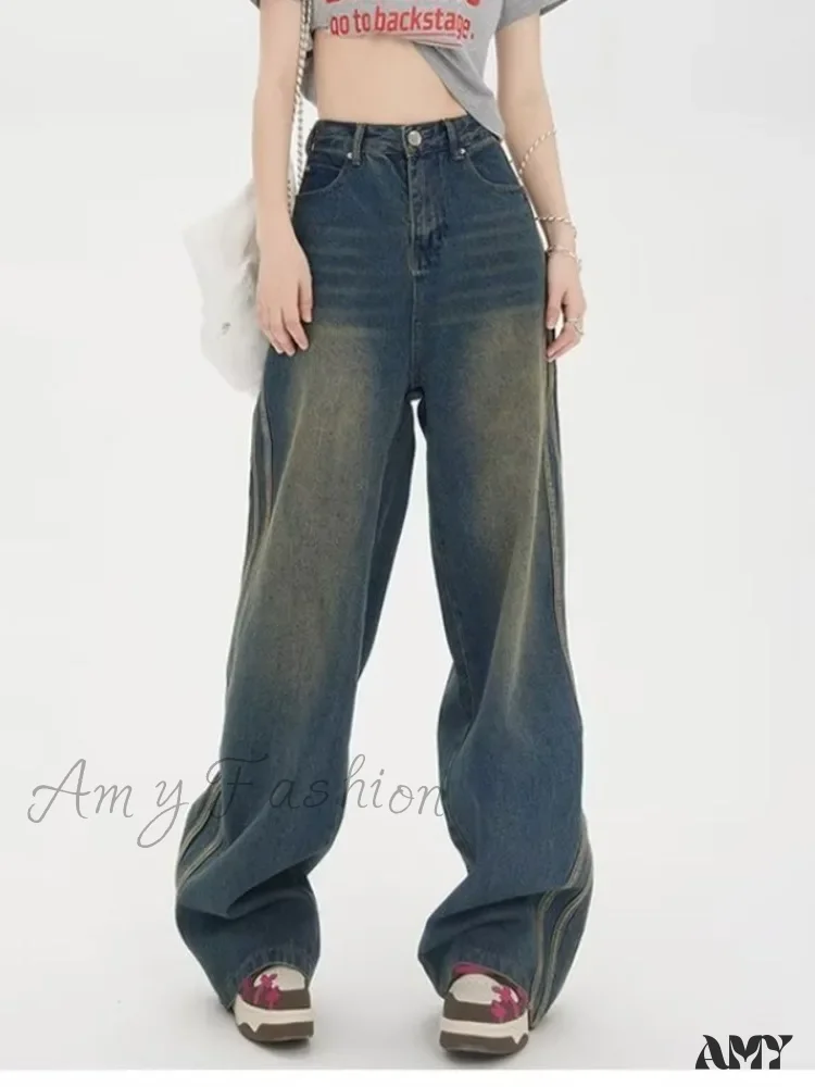 Amy Fashion - Sweeping Floor Spicy Girl Small Loose High Waisted Straight Leg Wide-Leg Jean - Image 2
