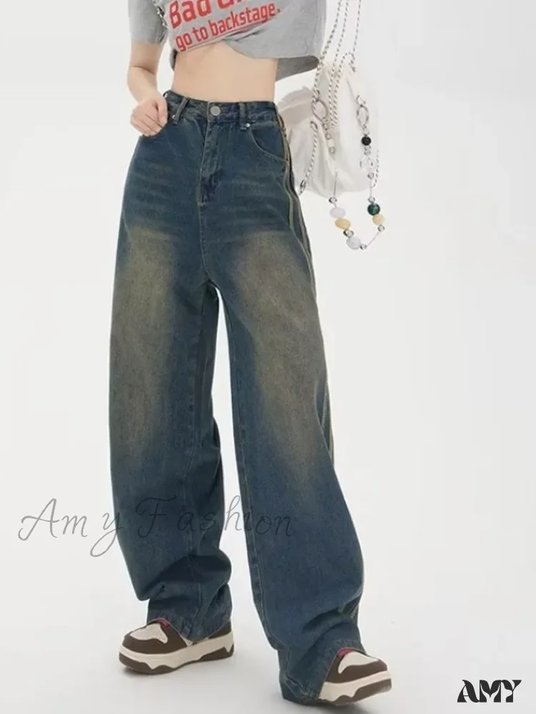 Amy Fashion - Sweeping Floor Spicy Girl Small Loose High Waisted Straight Leg Wide-Leg Jean - Image 3