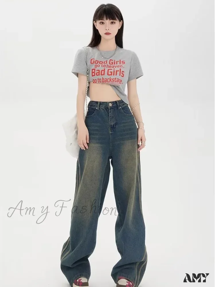 Amy Fashion - Sweeping Floor Spicy Girl Small Loose High Waisted Straight Leg Wide-Leg Jean - Image 4