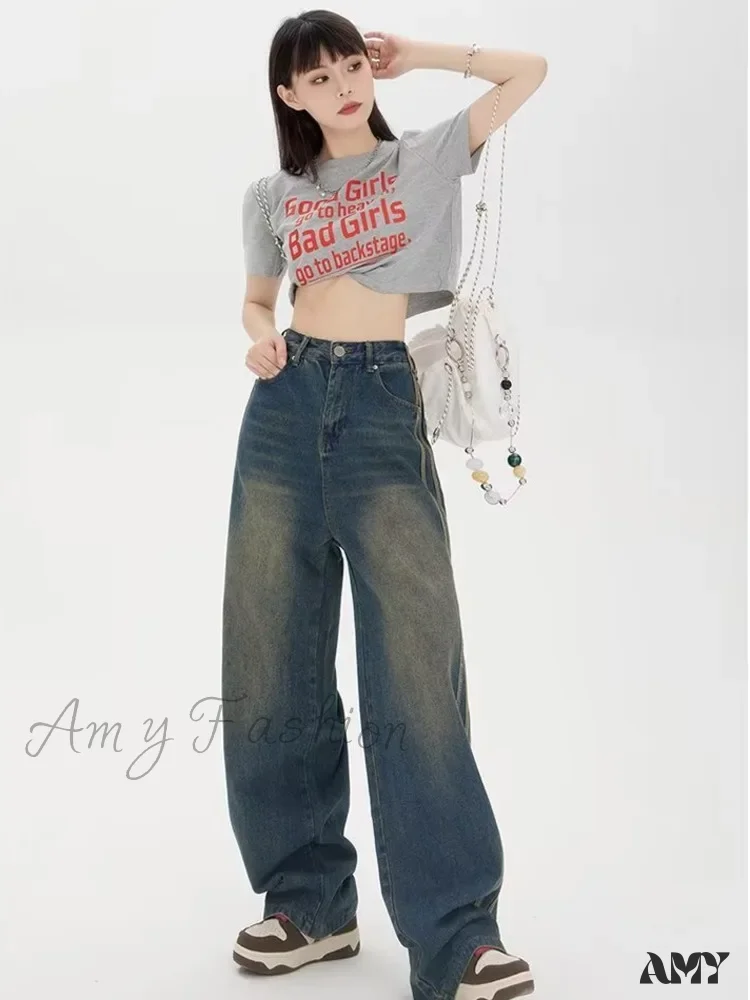 Amy Fashion - Sweeping Floor Spicy Girl Small Loose High Waisted Straight Leg Wide-Leg Jean - Image 5