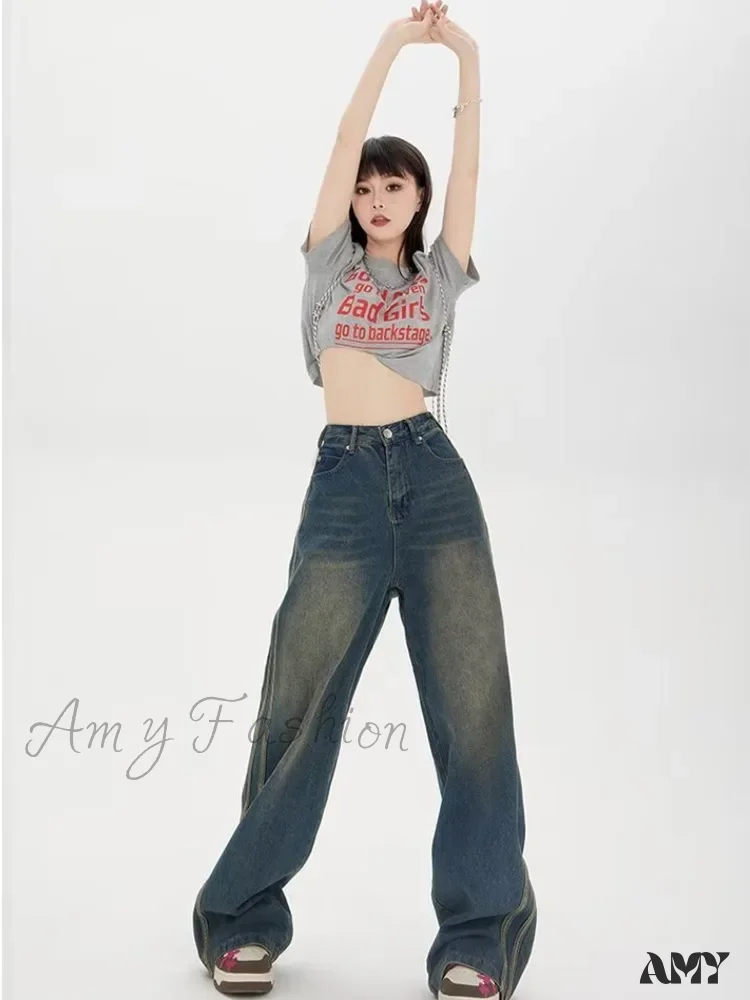 Amy Fashion - Sweeping Floor Spicy Girl Small Loose High Waisted Straight Leg Wide-Leg Jean - Image 6