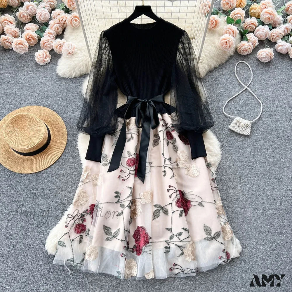 Sweet Patchwork Long Lantern Sleeves Bow Mesh Embroidery Floral High Waist A-Line Elegant Party Dress - Image 3