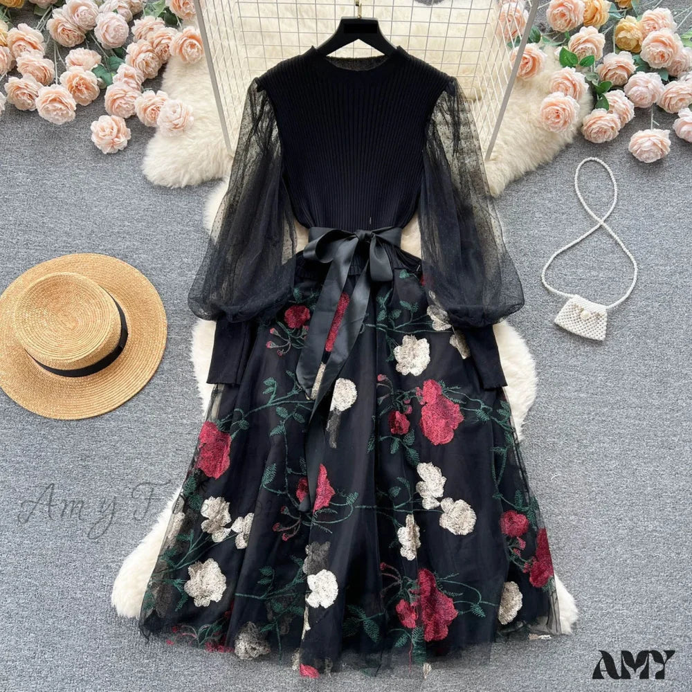 Sweet Patchwork Long Lantern Sleeves Bow Mesh Embroidery Floral High Waist A-Line Elegant Party Dress - Image 6