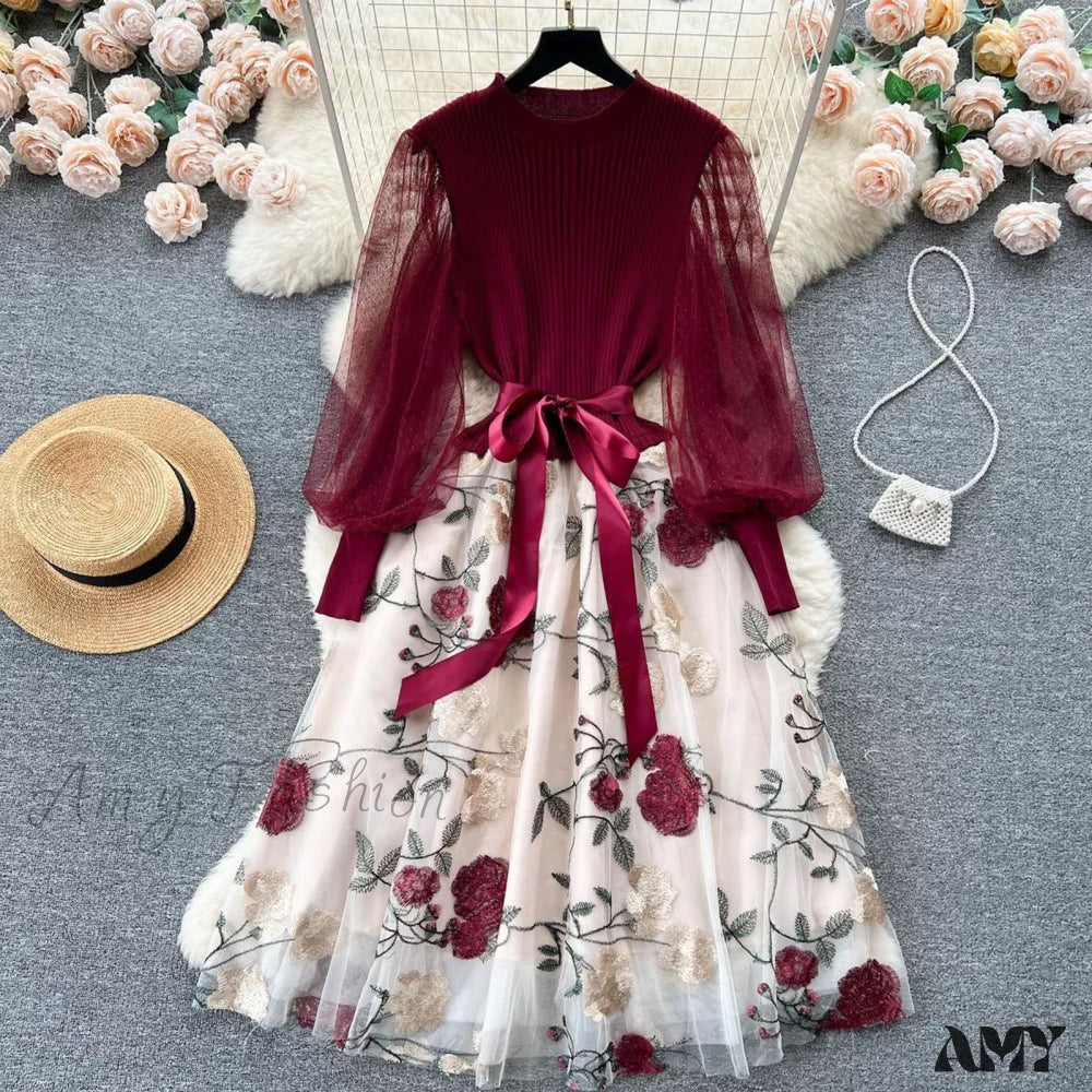 Sweet Patchwork Long Lantern Sleeves Bow Mesh Embroidery Floral High Waist A-Line Elegant Party Dress - Image 7