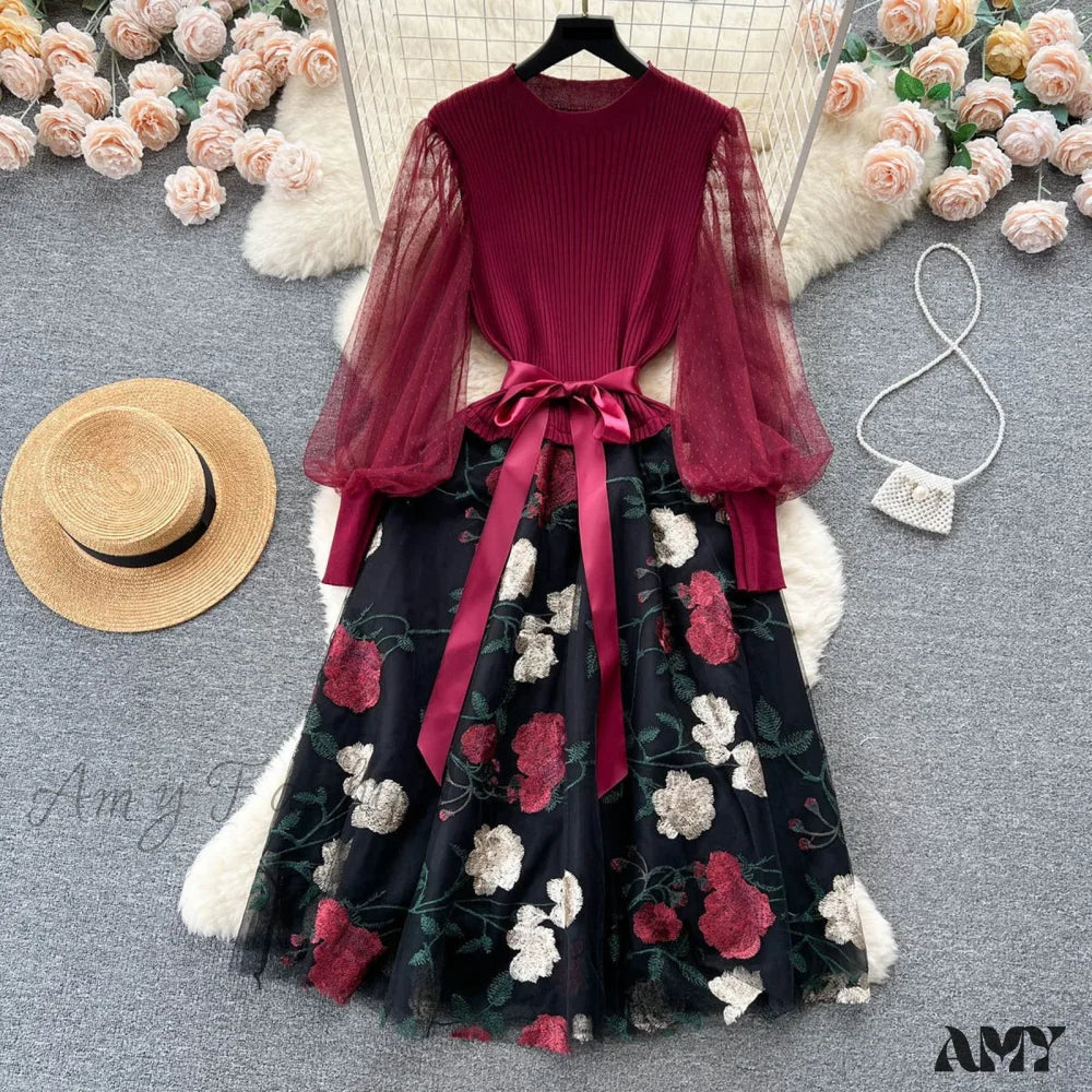 Sweet Patchwork Long Lantern Sleeves Bow Mesh Embroidery Floral High Waist A-Line Elegant Party Dress - Image 8