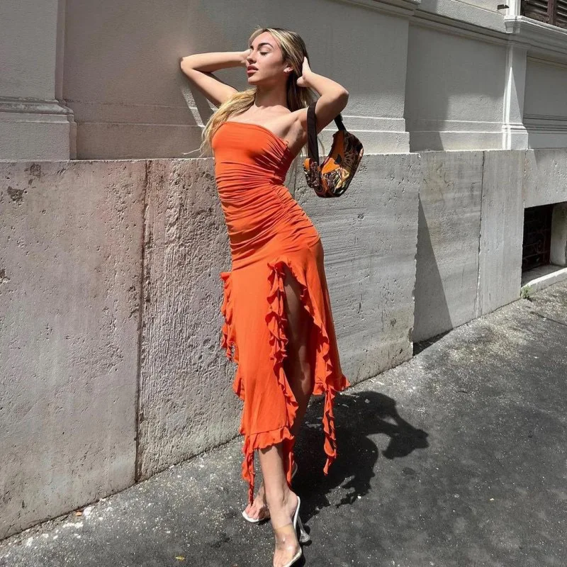 Tassel Strapless Split Skinny Bodycon Dress - Image 5