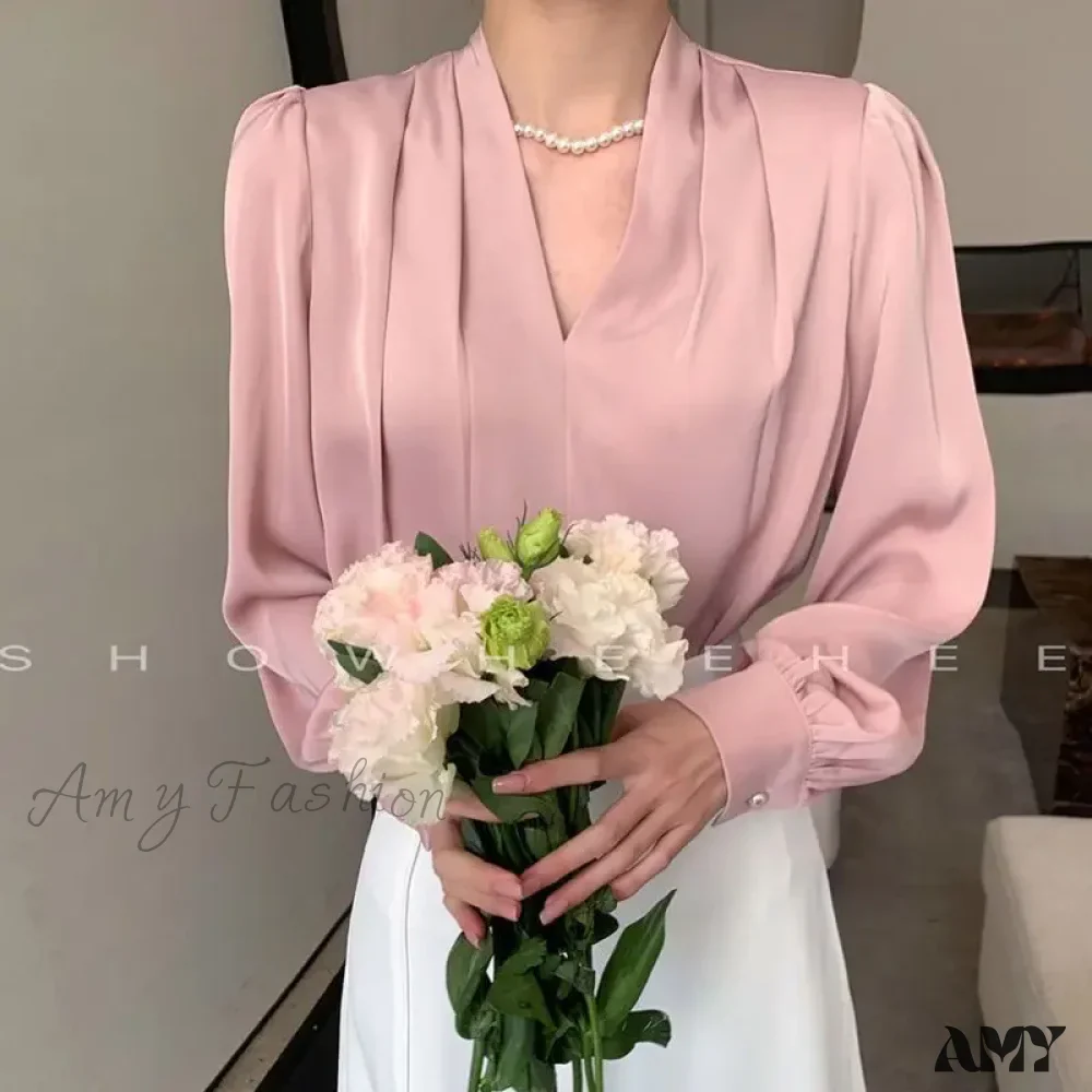 Temperament Pleated Solid Color V-neck Femme Fashion Buttons Blouse - Image 2