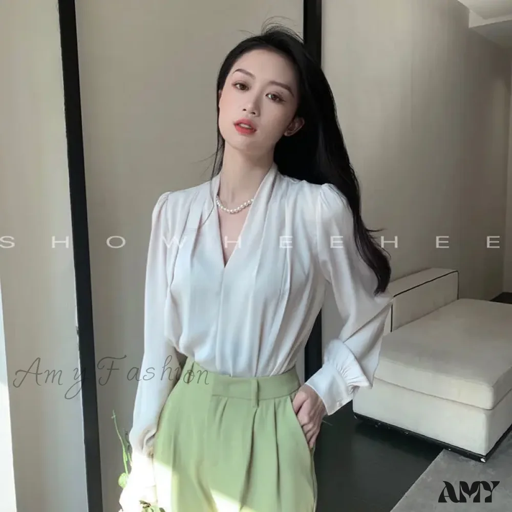 Temperament Pleated Solid Color V-neck Femme Fashion Buttons Blouse - Image 4