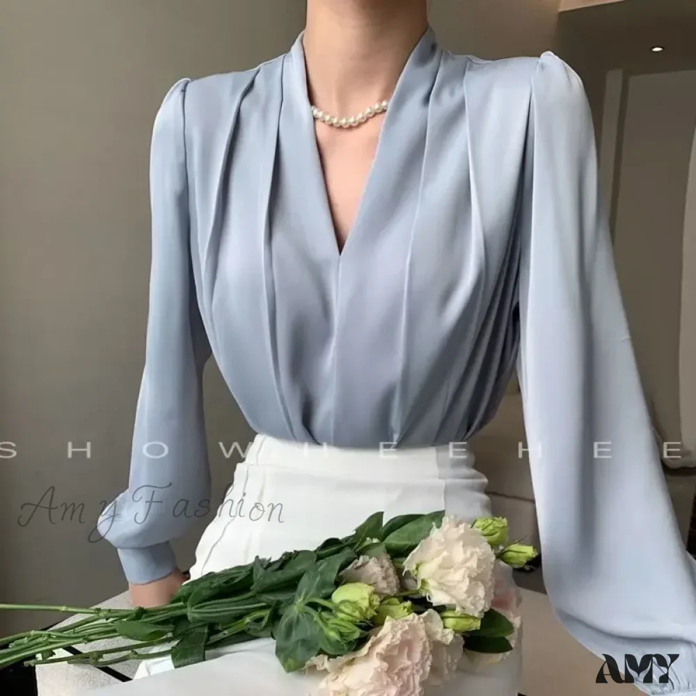Temperament Pleated Solid Color V-neck Femme Fashion Buttons Blouse - Image 5