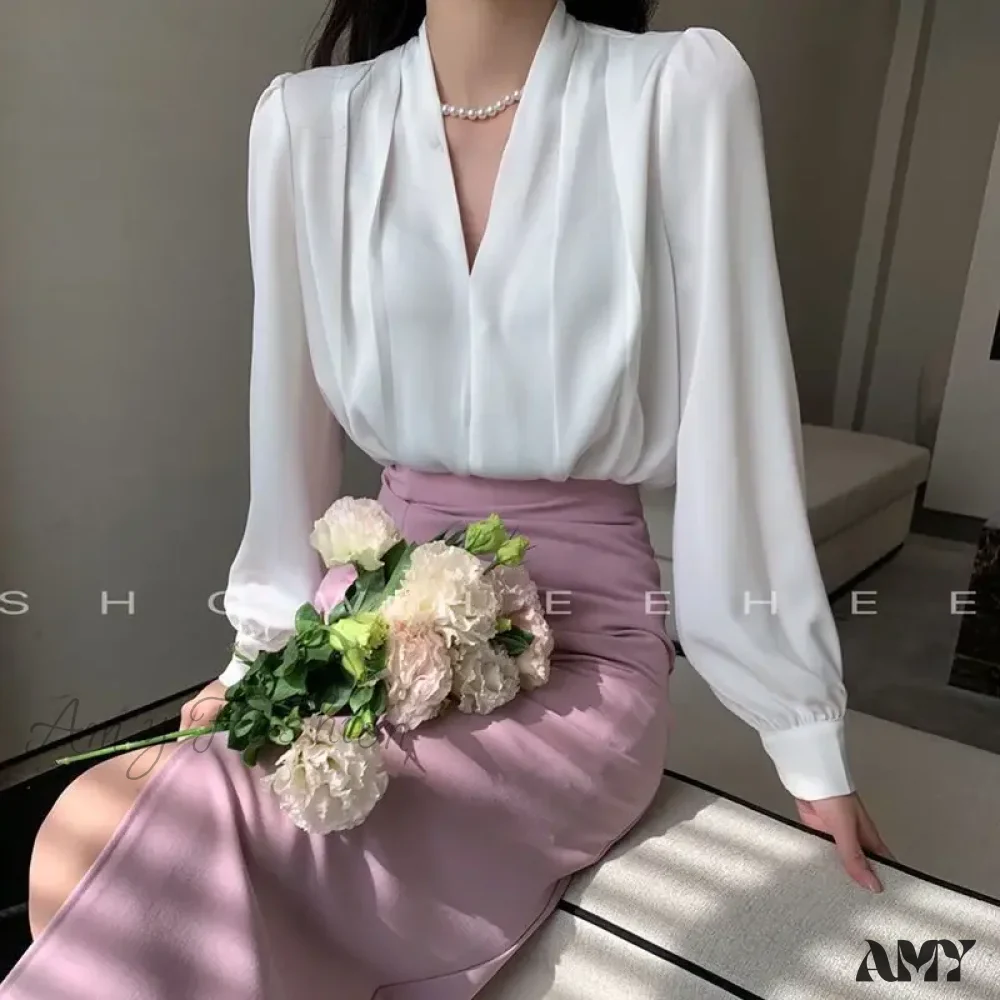 Temperament Pleated Solid Color V-neck Femme Fashion Buttons Blouse - Image 7