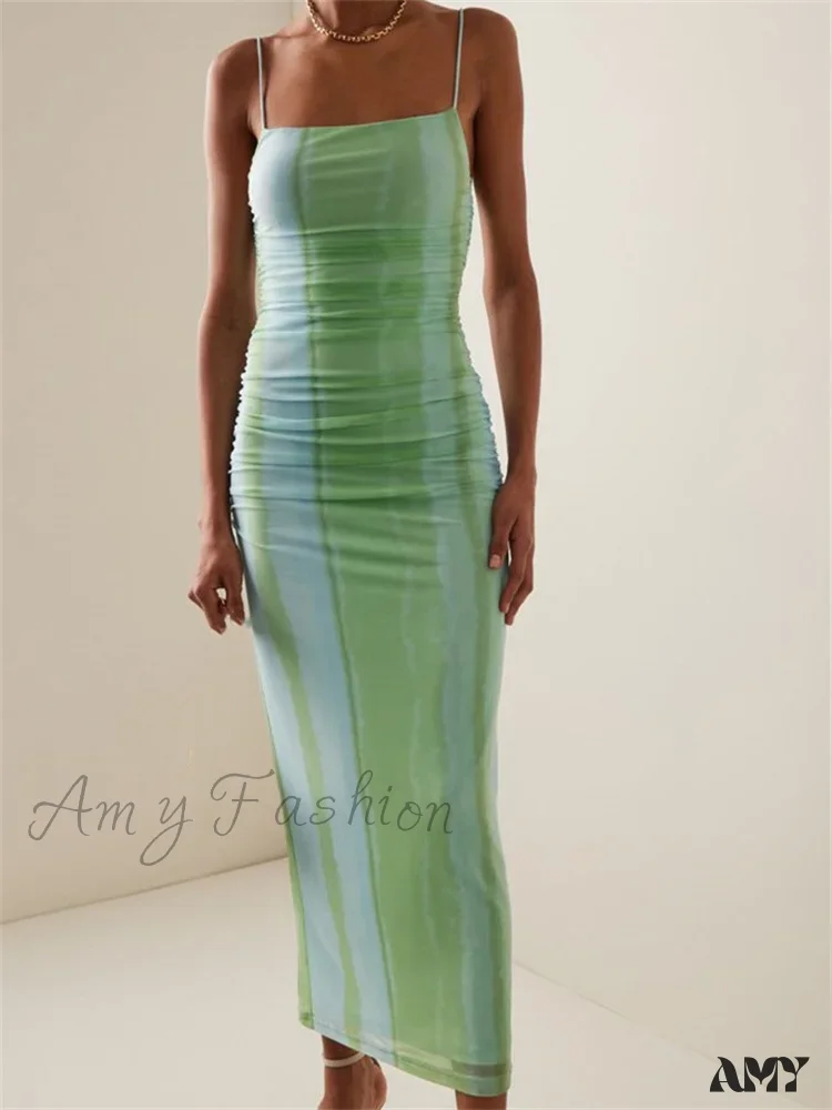 Amy Fashion - Tie Dyeing Print Mesh  Women Sleeveless Strap Square Neck Slim Fit Sling Summer Female Vestidos - Image 5